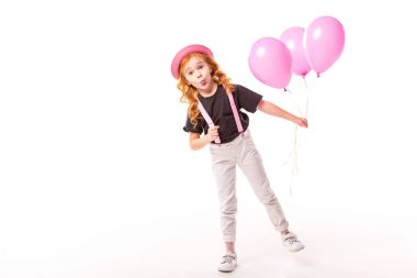 grimacing red hair kid standing with pink balloons on white  clipart