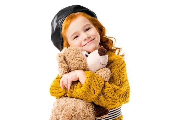 Happy Red Hair Child Hugging Teddy Bear Isolated White — Stock Photo, Image