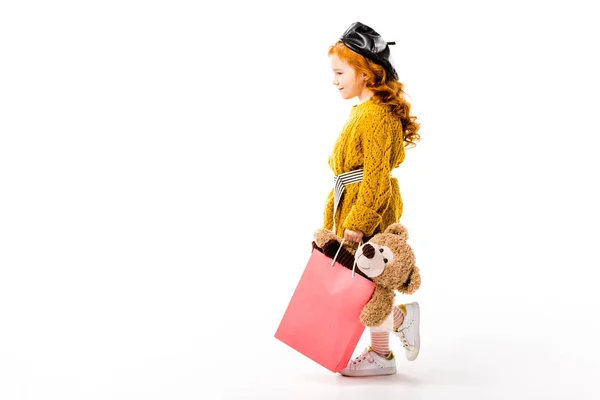 Zijaanzicht Van Rood Haar Kind Wandelen Met Boodschappentassen Wit — Stockfoto