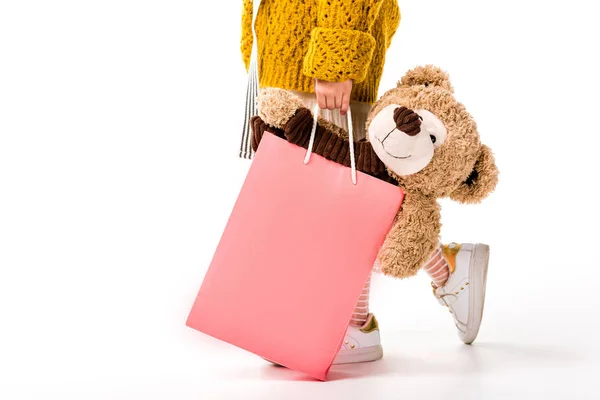 Beskuren Bild Kid Promenader Med Nalle Shoppingbag Vit — Stockfoto