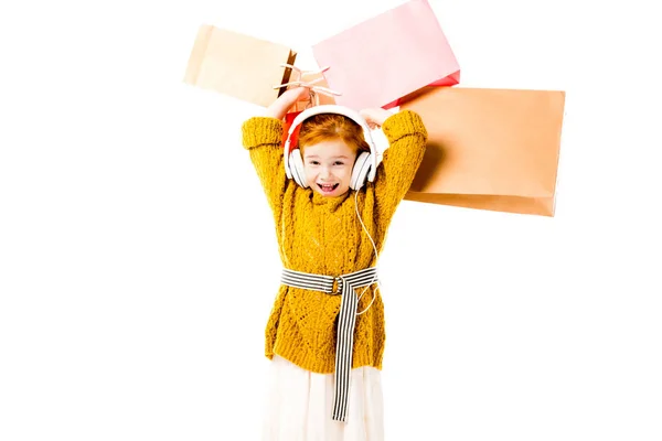 Pelo Rojo Niño Cantando Sosteniendo Bolsas Compras Las Manos Por — Foto de Stock