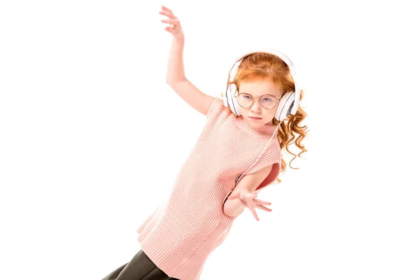 Red Hair Kid Listening Music Headphones Dancing Isolated White — Free Stock Photo