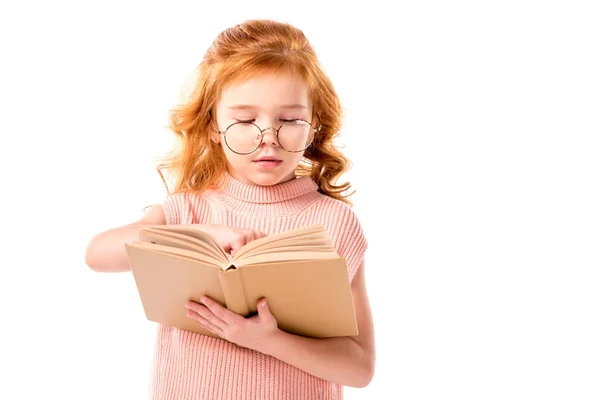 Pelirroja Niño Gafas Lectura Libro Aislado Blanco —  Fotos de Stock