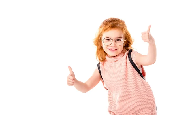 Kızıl Saçlı Çocuk Üzerinde Izole Beyaz Yaşasın Gösterilen Sırt Çantası — Stok fotoğraf