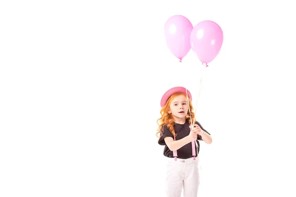 Adorable Enfant Debout Avec Des Ballons Roses Isolés Sur Blanc — Photo