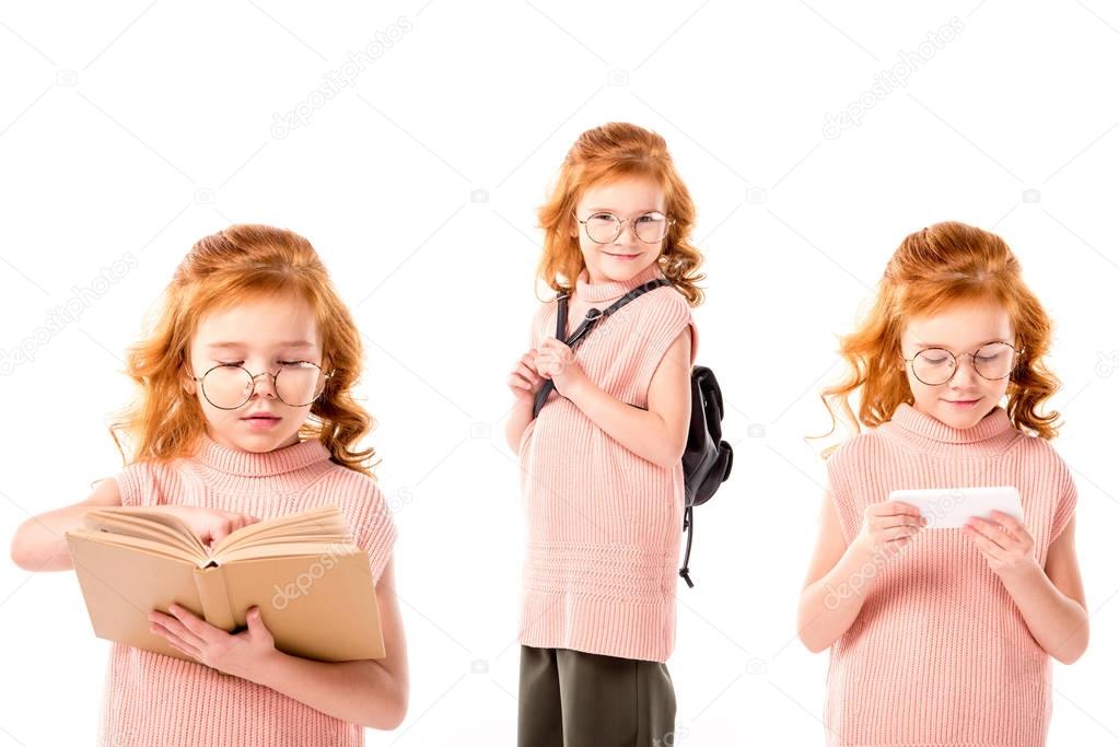 collage with schoolgirl in glasses standing with book, backpack and smartphone, isolated on white