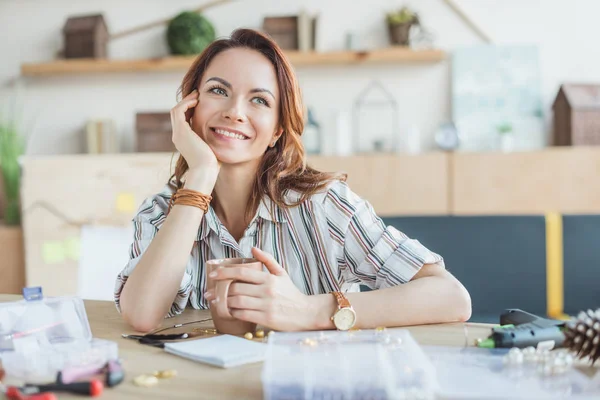 Dreamy Young Woman Cup Coffee Handmade Workshop — Stock Photo, Image