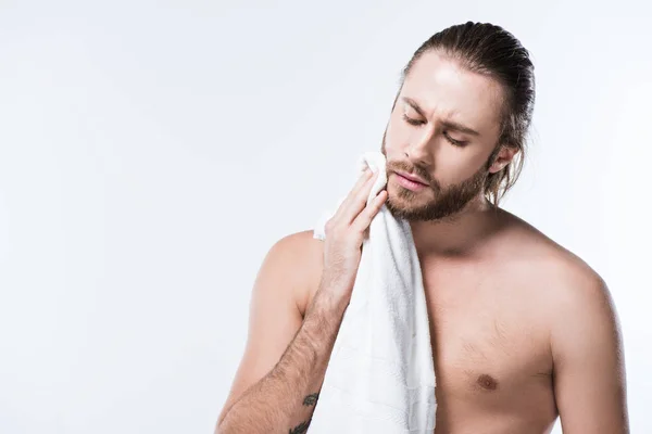 Bearded Caucasian Man Wet Hair Holding Bath Towel Hands While — Stock Photo, Image
