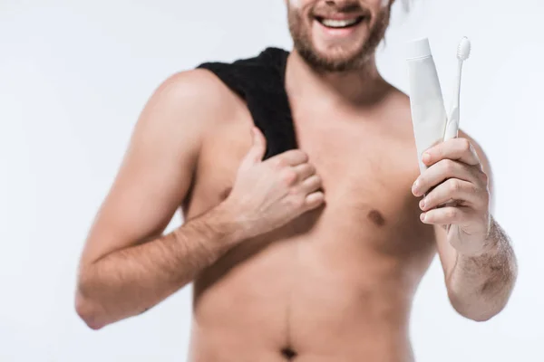 Cropped Image Caucasian Bearded Man Black Towel Shoulder Holding Toothpaste — Stock Photo, Image