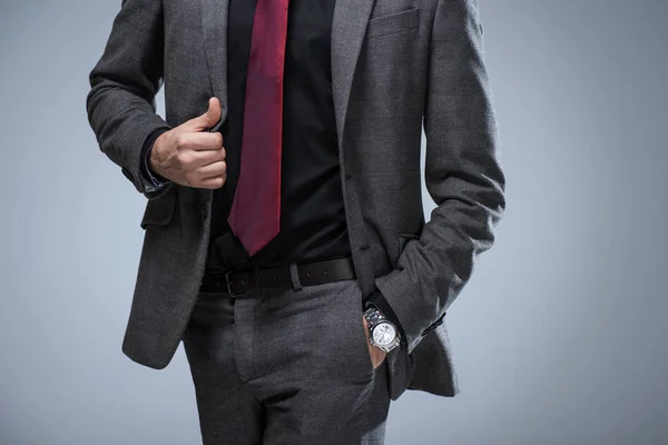 灰色の分離のポケットにジャケットと手の側を保持している実業家の画像をトリミング — ストック写真