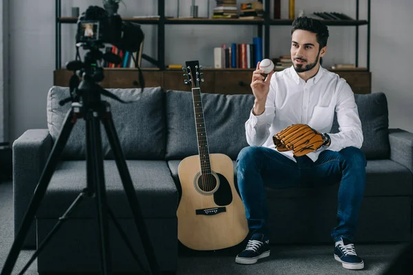 Handsome Sport Blogger Recording New Video Baseball — Stock Photo, Image