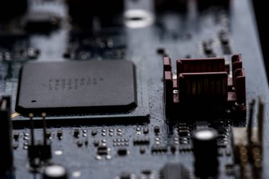 close up view of computer motherboard with chip clipart