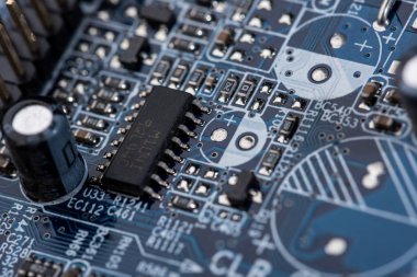 selective focus of various details of computer motherboard clipart