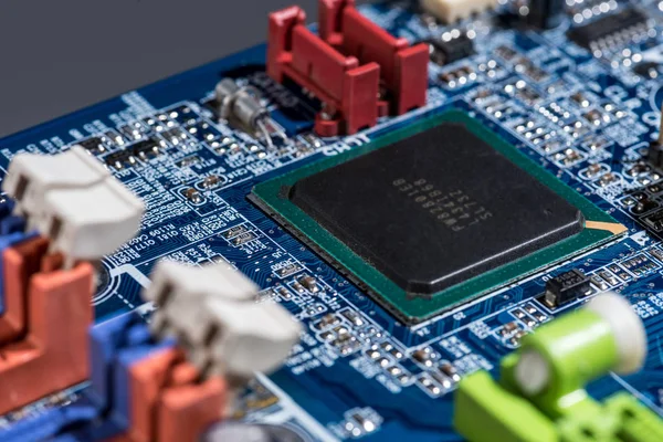 Tutup Tampilan Dari Motherboard Komputer Dengan Chip — Stok Foto