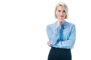 formal giyim, beyaz izole poz güzel düşünceli işkadını