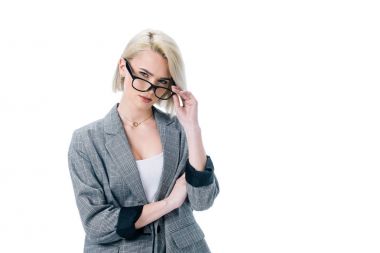 gözlük, üzerinde beyaz izole poz güzel şık iş kadını