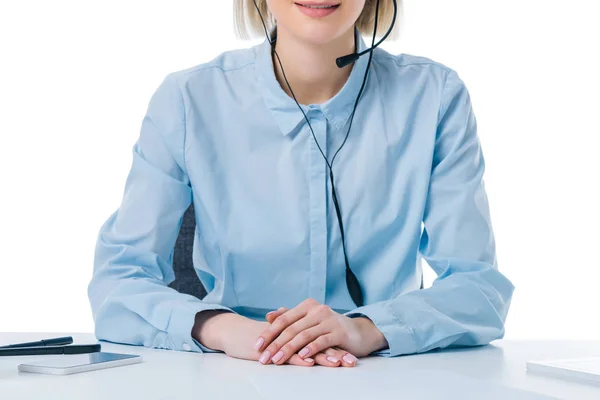 Teilansicht Des Callcenter Betreibers Headset Arbeitsplatz Isoliert Auf Weiß — Stockfoto