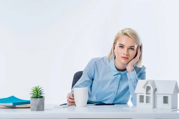 Portrait Tired Real Estate Agent Workplace — Stock Photo, Image