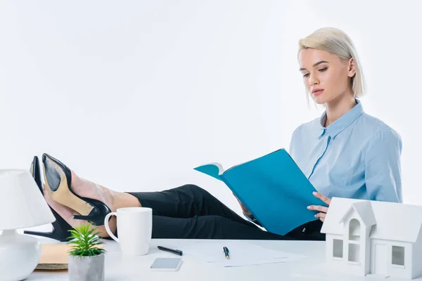 Focused Real Estate Agent Looking Notebook Hands Workplace — Stock Photo, Image