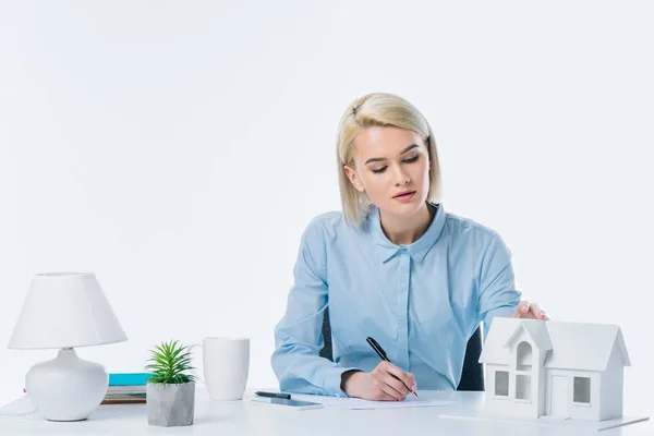 Portrait Focused Real Estate Agent Working Workplace — Stock Photo, Image