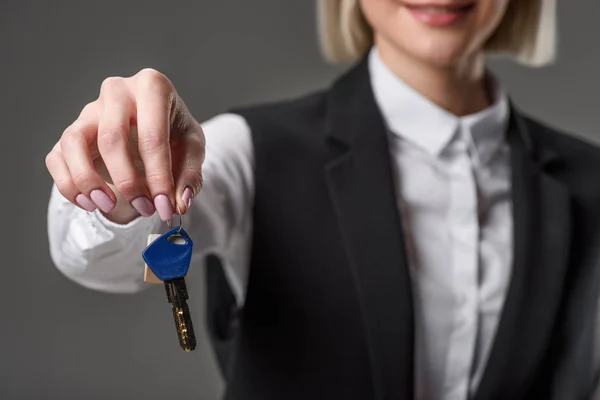 Cropped Shot Businesswoman Showing Keys House Hand Isolated Grey — Stock Photo, Image