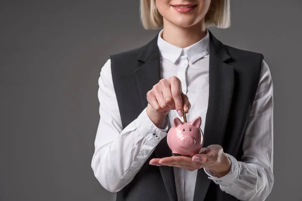 Cropped Shot Businesswoman Putting Coin Piggy Bank Isolated Grey — Stock Photo, Image