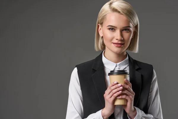 Portrait Beautiful Stylish Woman Coffee Isolated Grey — Free Stock Photo