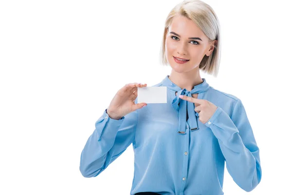 Portrait Smiling Woman Pointing Empty Card Hand Isolated White — Stock Photo, Image