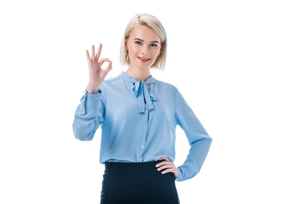 Portrait Smiling Woman Showing Sign Isolated White — Stock Photo, Image