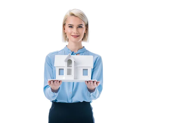 Beautiful Elegant Agent Presenting House Model Isolated White — Stock Photo, Image