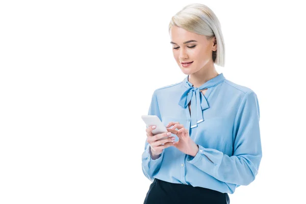 Atractiva Mujer Negocios Elegante Usando Teléfono Inteligente Aislado Blanco — Foto de Stock