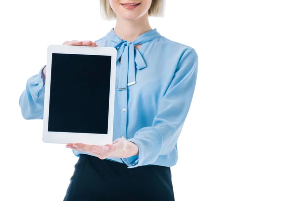 Vista Recortada Empresária Apresentando Tablet Com Tela Branco Isolada Branco — Fotografia de Stock