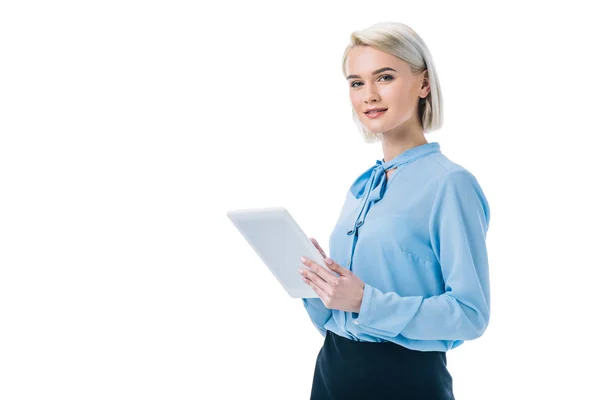 Beautiful Elegant Businesswoman Using Digital Tablet Isolated White — Stock Photo, Image