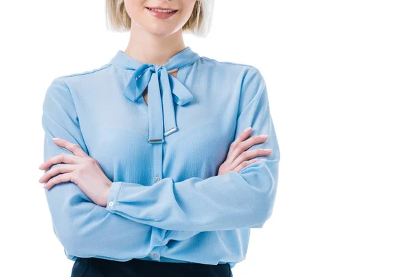 Cropped View Elegant Businesswoman Posing Crossed Arms Isolated White — Free Stock Photo