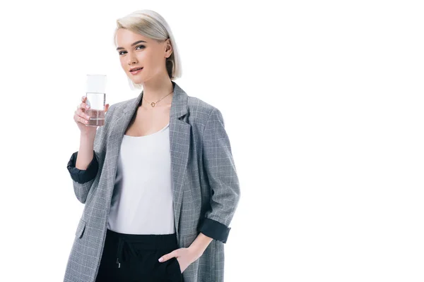 Attractive Businesswoman Holding Glass Water Isolated White — Free Stock Photo