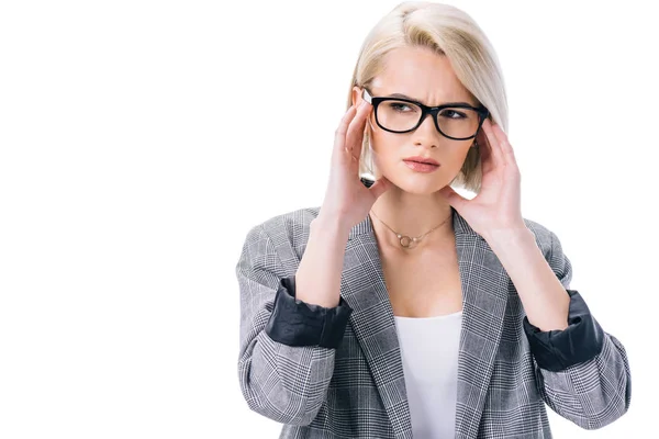 Elegante Mujer Negocios Cansado Con Dolor Cabeza Aislado Blanco — Foto de Stock