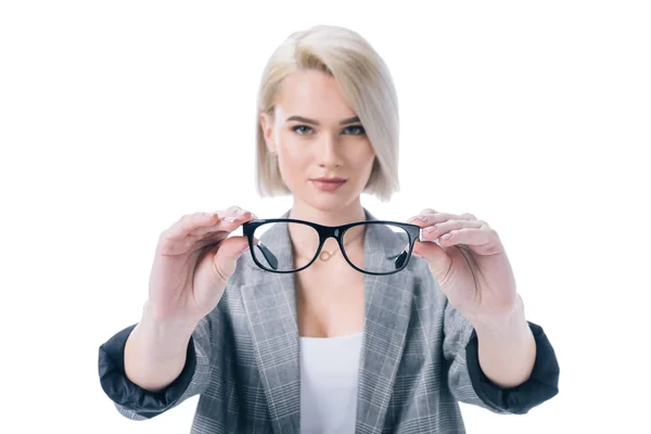 Beautiful Blonde Woman Holding Eyeglasses Isolated White — Stock Photo, Image