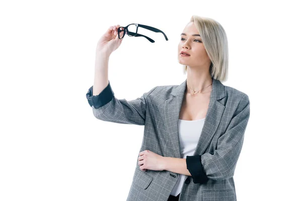 Beautiful Elegant Businesswoman Looking Eyeglasses Isolated White — Stock Photo, Image