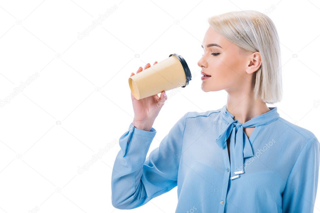 portrait of attractive woman with disposable cup of coffee isolated on white