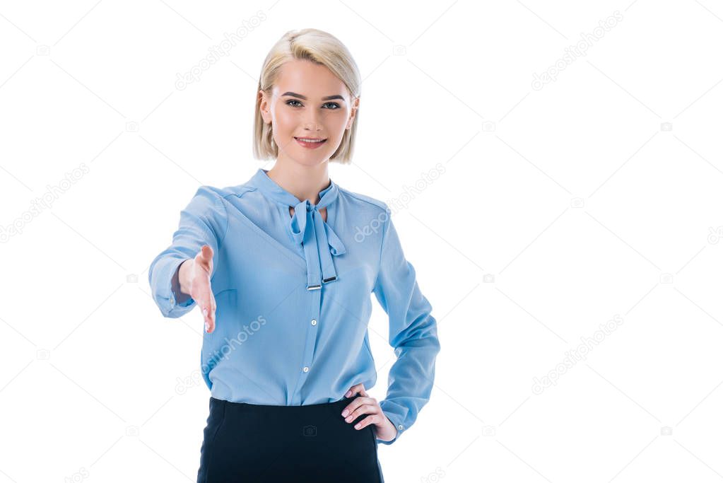 portrait of smiling woman outstretching hand for handshaking isolated on white