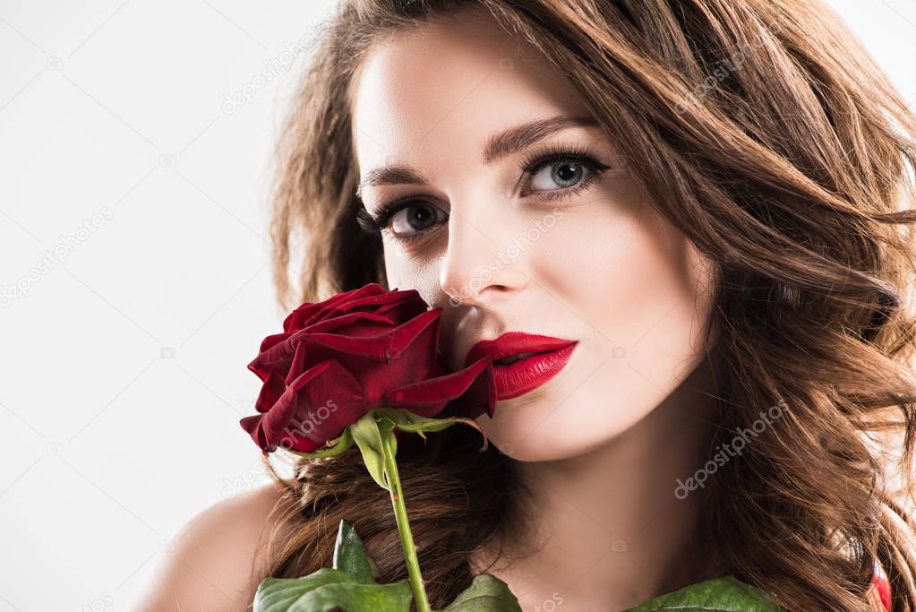 stylish sensual girl touching face with rose isolated on white, valentines day concept  
