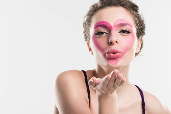 Girl Painted Pink Heart Face Sending Air Kiss Isolated White — Stock Photo, Image