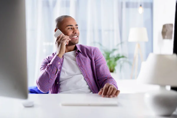 Happy African American Man Talking Smartphone Home — Stock Photo, Image