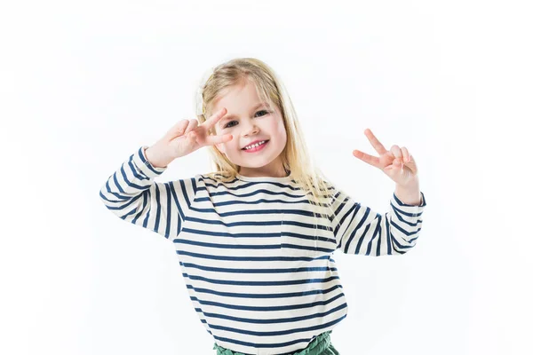 Smiling Little Child Dancing Making Peace Gestures Hands Isolated White — Stock Photo, Image