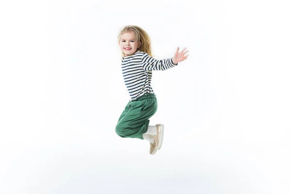 Action Shot Little Child Jumping Isolated White — Stock Photo, Image