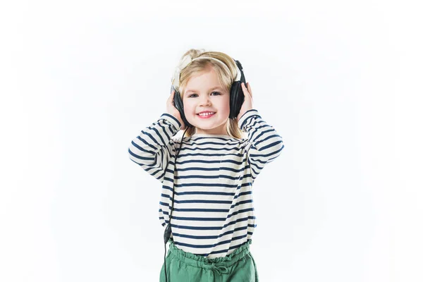 Belle Petite Enfant Écoute Musique Avec Écouteurs Isolés Sur Blanc — Photo