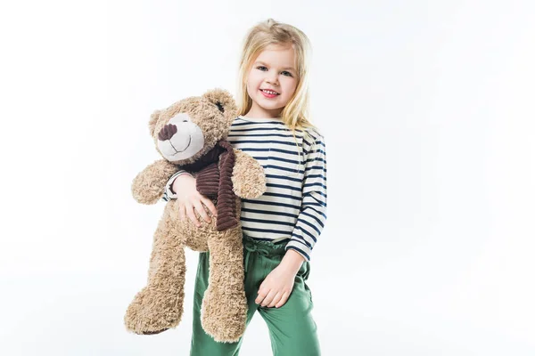 Rozkošné Malé Dítě Plyšovým Medvědem Izolované Bílém — Stock fotografie
