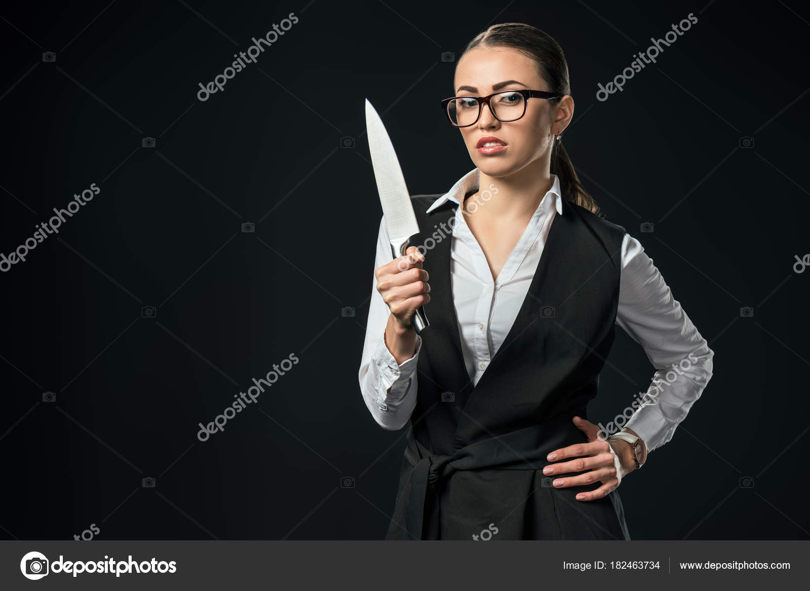 Young Confident Businesswoman Holding Knife Isolated Black Stock