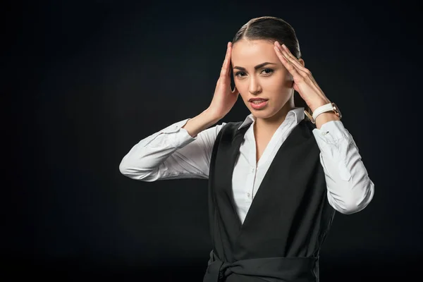 Stanca Donna Affari Con Mal Testa Isolata Nero — Foto Stock