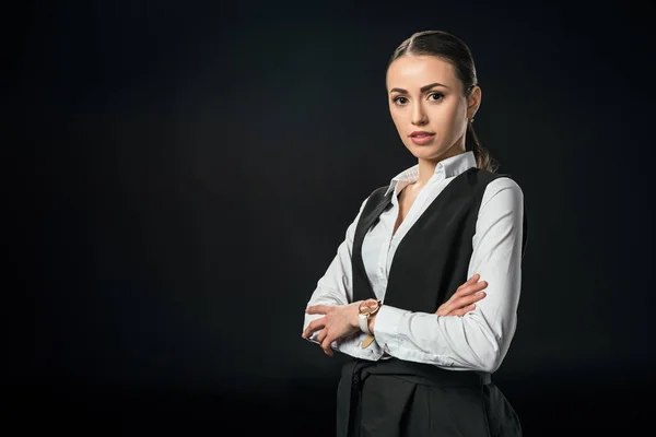 Young Beautiful Businesswoman Crossed Arms Isolated Black — Stock Photo, Image